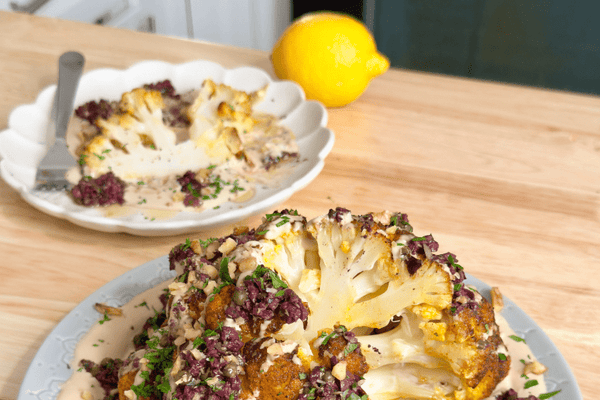 Recipe 6: Whole Roasted Cauliflower with Lemony Tahini and Olive Tapenade
