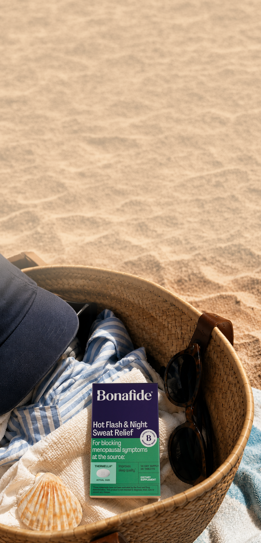Thermella for hot flash relief in a beach basket